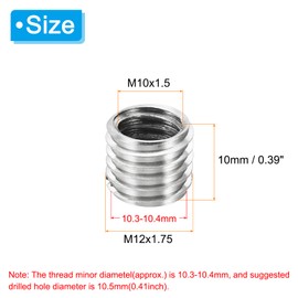 PATIKIL Thread Adapter Sleeve Reducer Nut M12 x 1.75 Male to M10 x 1.5 Female Repair Insert Nut Screw Reducer Stainless Steel Fastener 10 mm Pack of 6