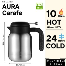 Aura Thermal Coffee Carafe Tea Pot for Keeping Hot & Iced Cold - Vacuum Insulated - Thermos Water Pitcher - Beverage Dispenser - Leakproof Cool touch handle - BPA Free - 1 Liter - Stainess