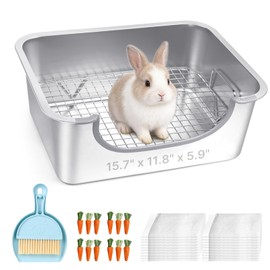 Essenhome Large Stainless Steel Rabbit Litter Box with Handle - Low Entry Bunny Litter Box for Adult Guinea Pigs, Chinchillas - Includes Pee Pads, Cleaning Set & Chew Toys (15.7" x 11.8" x 5.9")