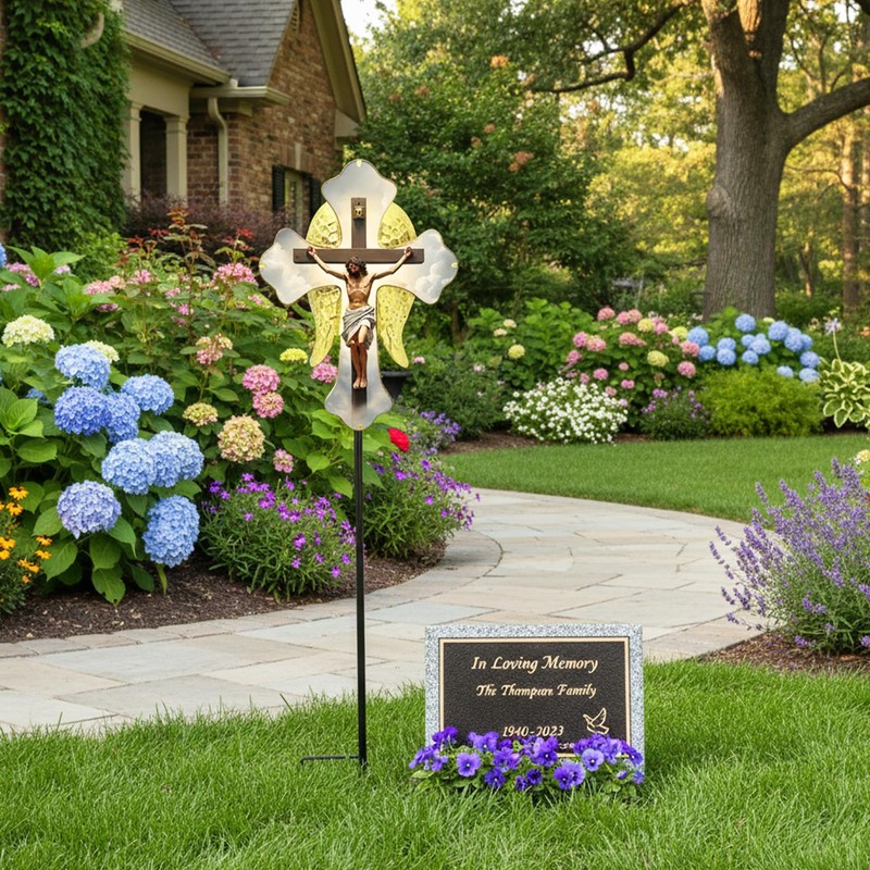 Solar Glass Jesus Cross Outdoor Light Power Stake Tombstone Wings