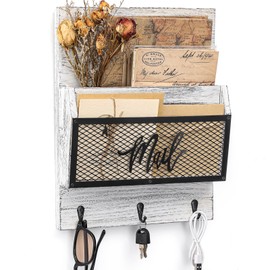 Yalikop Mail Organizer Wall Mounted Mail Holder Hanging Key and Mail sorter with 3 Hooks Indoor Wooden Wall Mounted Mail Holder for Mail, Letter, Magazines, Newspapers, Keys (White Gray)