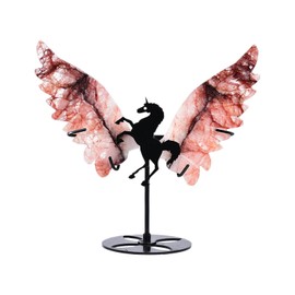 JIC Gem Hematoid Quartz Crystal Stone Carved Wings Art Decorative Red Healing Crystal Slices Rock Carved Wings of Unicorn with Stand Office Home Decor Gifts Collection (1pair)