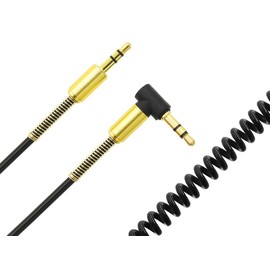 ANE Stereo Mini Plug Cable Elastic Coil Cord Black 38cm-100cm 3 Pole Gold Plated Terminal L Plug (Black)