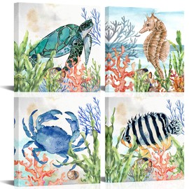 Ocean Animals Canvas Wall Art Sea Turtle Fish Pictures Bathroom Wall Decor Watercolor Blue Crab Seahorse Printed Pictures Artwork Modern Home Decoration for Kids Bedroom Ready to Hang 12"x12"x4pcs