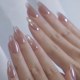 Viugex 24Pcs Press on Nails Medium Almond, Nude Pearlescent False Nails, Glossy Solid Soft Gel Fake Nails Set, Ballerina Glitter Glue on Nail, Natural Removable Acrylic Stick on Nail for Women Girls