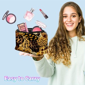 HEAKIERG Cosmetic Bags for Women 7.9"x5.1", Make up Bags Travel Bag with Wrist Rope Canvas Bag Toiletries Storage Organization Bag for Ladies Gift Cute Makeup Accessories, Leopard