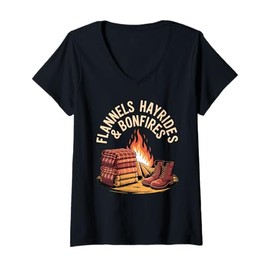 Womens Flannels Hayrides Bonfires Fall Rustic Adventure V-Neck T-Shirt
