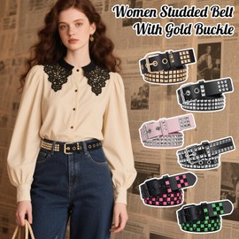 SNCEAW Studded Belt, Metal Punk Rock Rivet belt with Bright Pyramid Studded for Women Men (Silver Round Studded, Fit Pant 27-32 inch)