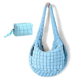 LOUKAYCCI Women Large Quilted Tote Bag Lightweight Quilted Carryall GYM Bag Soft Puffy Crossbody Bag Hobo Handbags Wallet (Lake Blue)