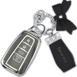Simocky Key Fob Cover with Diamond Keychain Car Key Shell Compatible with Toyota Highlander RAV4 Camry Avalon C-HR Corolla GT86 2018-2024 Full Cover Protector for Women (4 Buttons-Black Bowknot)