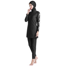 Islamic Burkini Swimsuits for Women Muslim Modest Swimwear Swim Dress Top + Pants + Hijab Beachwear Black Floral M