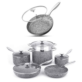Michelangelo Stone 10 Piece Cookware Set with 12 Inch Frying Pan, Nonstick Aluminum Pots and Pans, Heat Resistant, Oven Safe