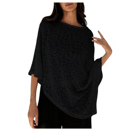 MakeMeChic Women's Knit Ponchos Shrug Shawl Wraps Sheer Poncho Sweater Asymmetrical Tops Black Medium