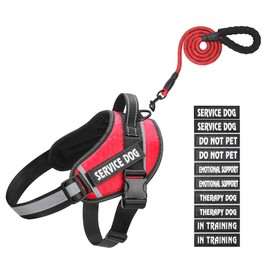 Service Dog Vest, DEWVIE Dog Harness and Leash Set with 10 Patches, Breathable in Training Pet Vest Harness with Soft Handle for Small Medium Large Dogs (Red, Medium)