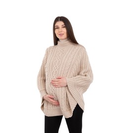 SAOL Pregnancy Poncho Cardigan 100% Merino Wool Cable Knit Irish Aran Made in Ireland (US, Alpha, Small, Medium, Regular, Regular, Parsnip)