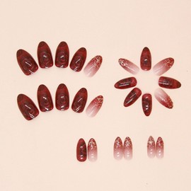 Red Press on Nails Short Fake Nails Almond Acrylic Nails Ombre Glue on Nails Rose Full Cover Artificial Glitter False Nails Wedding Stick on Nails for Women 24 Pcs