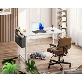 ODK Computer Desk - 40 Inch Office Writing Desk for Home, Student Study Desk with Storage Bag, Headphone Hook & Power Outlets, Modern Simple Table for Bedroom, White