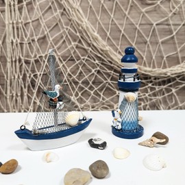 com-four® 2 x Decorative Wooden Lighthouses for Bathroom and Living Area - Maritime Lighthouse Decoration Set - Small Lighthouses in Distressed Look (Blue/White - 2 x Pieces Lighthouse)