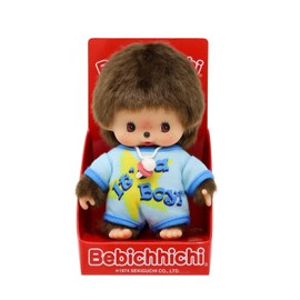 Sekiguchi 203840 Original Bebichhichi Boy, Plush Toy with Light Blue Romper, Approx. 14 cm Large Cuddly Toy Made of Brown Plush