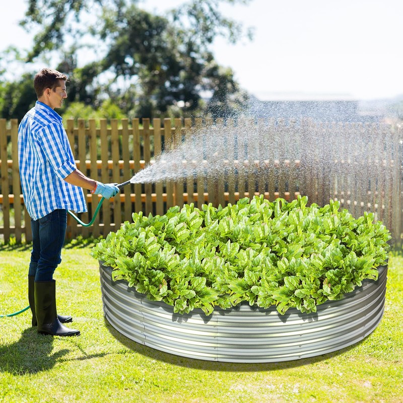 OUSHENG 4x4x1ft Round Galvanized Raised Garden Beds Outdoor, Steel Fire