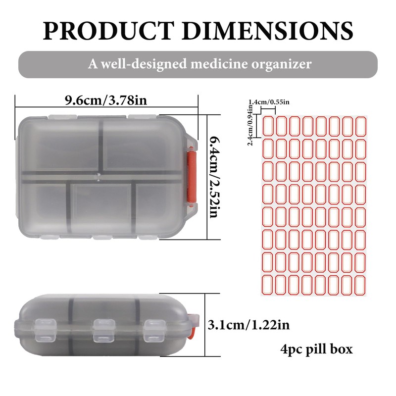 Acquwistach 4Pack Travel Pill Organizer with 64 Stickers - 10