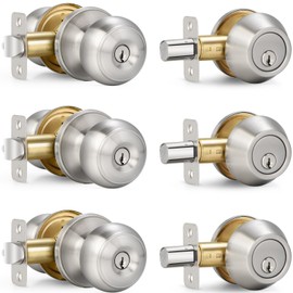 3 Sets Entry Door Knob and Single Cylinder Deadbolt Combo Set, Keyed Alike Round Ball Satin Nickel Exterior Door Knobs with Lock and Keys for Entrance and Front Door