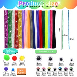 TOAOB 500 Stück Mehrfarbig Pfeifenreiniger Set Enthalten Chenilledraht Pompons und Selbstklebend Wackelaugen Verschiedene Größen für Handwerk Dekoration