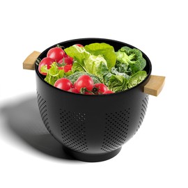 Metal Colander with Wood Handle and Base - Strainers and Colanders- Kitchen Strainer Basket for Draining Pasta, Vegetables, and Fruits, Matte BK04