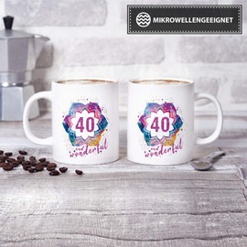 Geburtstags-Tasse 40 and Wonderful Geburtstags-Geschenk zum 40. Geburtstag als Geschenkidee für die Frau/Abstrakt/Bunt/Kaffeetasse/Weiss