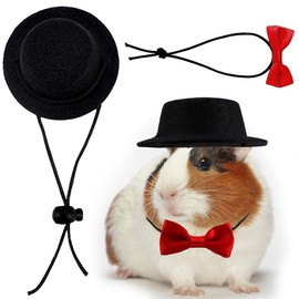 HOKABLE 2pcs Guinea Pig Clothes Small Animal Bow Tie Pet Hat Costume Set Role Play Cute Pet Hat Bow Tie for Hamster Guinea Pig Rabbit Chinchilla Hedgehog（Black hat + red Bow tie）