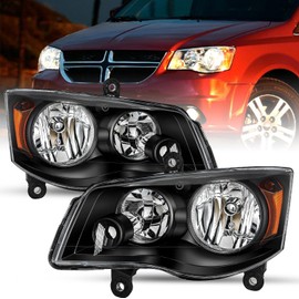SOCKIR Anti-Fogging Headlight Assembly Fits for 2011-2020 Dodge Grand Caravan / 08-16 Chrysler Town & Country Halogen Headlamp Black Housing & Amber Reflector