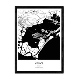 Nacnic Poster with map of Venice - Italy. Sheets cities in Italy with seas and rivers in black color. A3 size