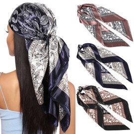 35” Large Square Satin Head Scarf - 3Pcs Satin Hair Scarves Silk Bandana Scarf Beach Headscarf Silk Feeling Scarf for Women Girls (Cashew(pinkish Purple/Navy Blue/Black))