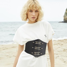 Liutufy Stylish Corset Belt Metal O-Ring Waistband Heart-Ring Waistband (Black Square-XS)