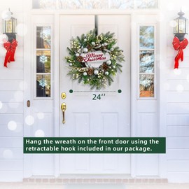 FINECASA Pinecone Christmas Wreath with Joy Sign, Wreath & Ajustable Hanger Set, Outdoor/Indoor Holiday Decor for Front Door, Porch & Window, 24in