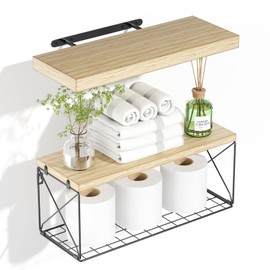Hoiicco Bathroom Shelves with Wire Storage Basket, Floating Shelves for Wall Decor Storage, Wood Wall Shelves for Bathroom, Living Room, Kitchen and Bedroom