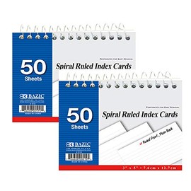 BAZIC Ruled Index Cards Book 3" X 5" 100 Count, Spiral Bound Memo, White Flashcards, Ruled Lined Card for Learning Memory Reminder (50/Pack), 2-Packs