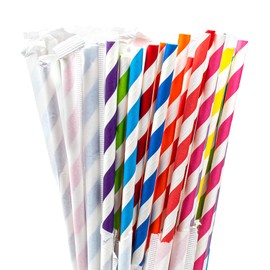 PakTalk Paper Straws, 10 Assorted Striped Straws, Individually Wrapped, Disposable Drinking Straws for Birthdays, Weddings, Christmas, Party Decoration (0.6cm x 21cm, Pack of 100)