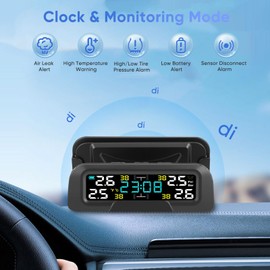 Tyre Pressure Monitoring System with Time & Detached Bracket, TPMS 4/2 Wheel Universal Solar Wireless Tire Pressure Monitor with 4 External Sensors, Pressure Range 0-6 bar, 0-87Psi, 6 Alarm Mode