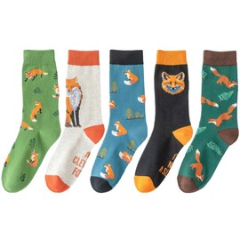 Angelteers 5 Pairs Cute Animal Crew Socks Fun Casual Cotton Calf Socks for Women (US, Alpha, One Size, Regular, Regular, Fox)