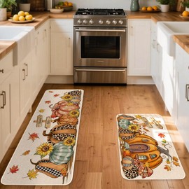 Moutina Happy Fall Pumpkin Kitchen Rugs Set of 2, Seasonal Autumn Thanksgiving Holiday Home Decor Low-Profile Kitchen Mats for Floor - 17x29 and 17x47 Inch