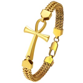 Flongo Mens Ankh Cross Bracelet: Franco Chain Stainless Steel Jewellery Gifts for Valentine's Day Anniversary Christmas