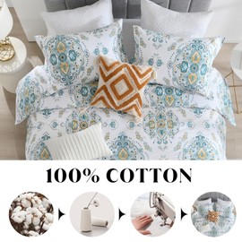 CozyDH Cotton Duvet Cover King Size - 100% Cotton 400TC Blue White Damask Paisley Floral Pattern Duvet Cover Set, Ultra Soft Lightweight Farmhouse Bedding Set 3pcs (King, 104x90, No Comforter)