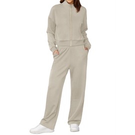 XIEERDUO 2 Piece Outfits for Women Sweatsuit Two Piece Fall Lounge Set Zip Sweatshirt Wide Leg Sweatpant Khaki M