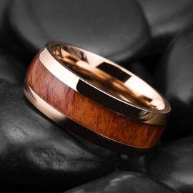 King Will NATURE Koa Wood Inlay Titanium Wedding Ring 8mm Rose Gold Plated Dome Style High Polished Comfort Fit (6.5)
