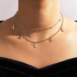Allereya Vintage Layered Star Choker Necklace Gold Moon Star Necklace Heavenly Moon Necklace Chain Ball Chain Collar Necklace Star Dangle Necklace Jewellery for Women, Zinc
