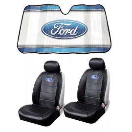 Ford New FORD LOGO Car Truck 2 Front Sideless Seat Covers & Windshield Sunshade SET