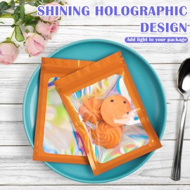 JETMORE 100 Pcs Mylar Bags, Smell Proof Bags Foil Pouch, Holographic Resealable Bags for Small Business, Candy Sample Jewelry Bag Sealable Packaging for Party Favor Food Storage (2.4x3.9in-Orange)