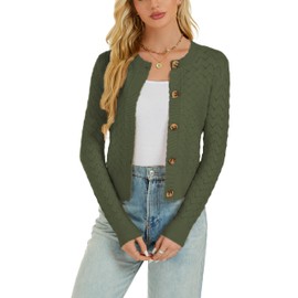 Enjyam Women's Cardigan Long Sleeve Elegant Short Cardigan with Buttons Crew Neck Soft Lightweight Jacket to Top Dress Green, M