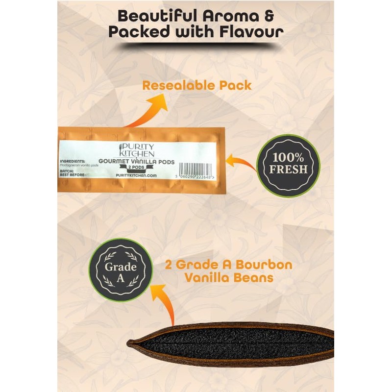 Purity Kitchen Madagascan Vanilla Beans, Grade A Gourmet, 2 Whole